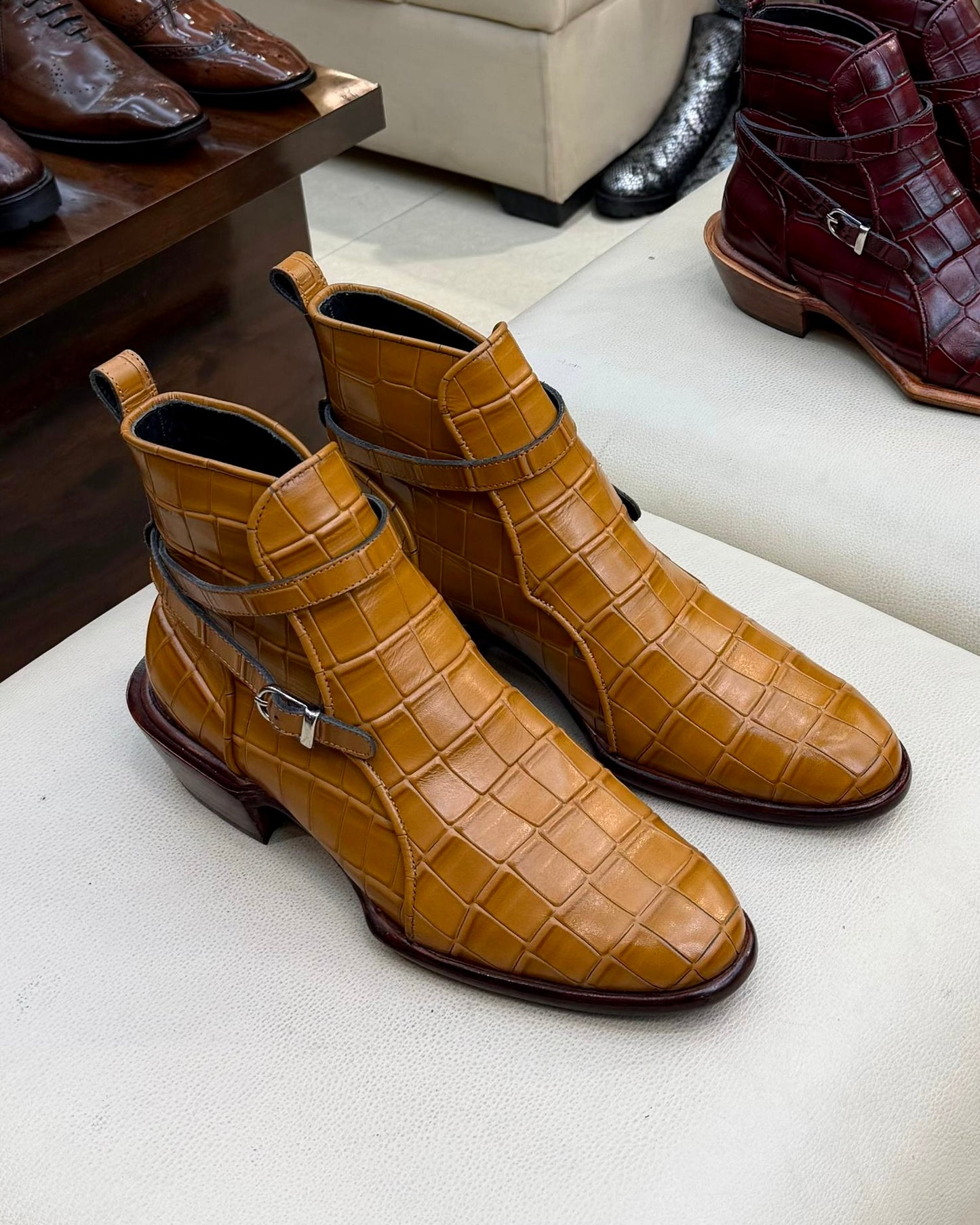 Tan Crocodile Scaled Jodhpur Boots with Cuban Heel
