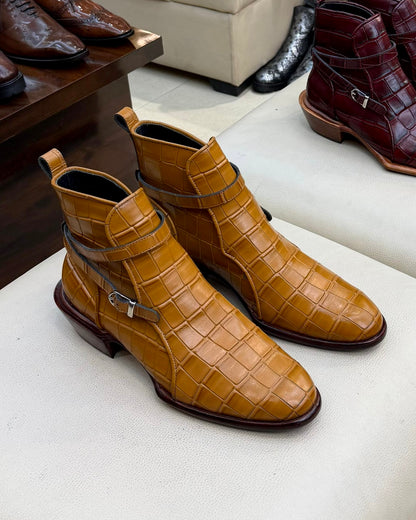 Tan Crocodile Scaled Jodhpur Boots with Cuban Heel