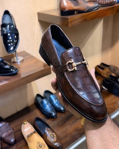 Patina Brown Crocodile Scaled Moccasins with Gold Buckle