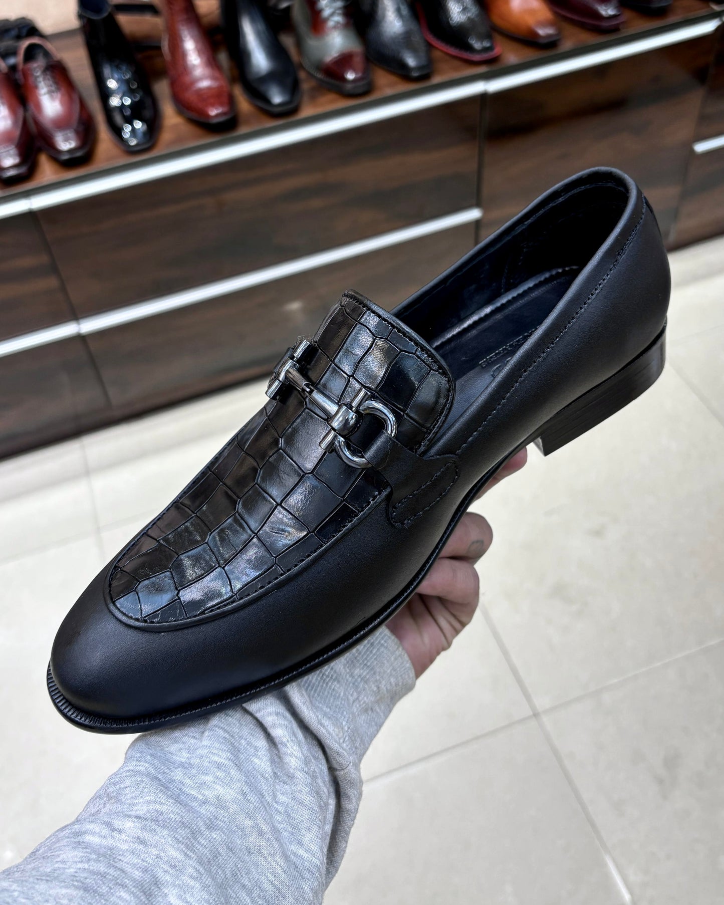 Black Matte Finish Leather & Crocodile Scaled Horsebit Loafers