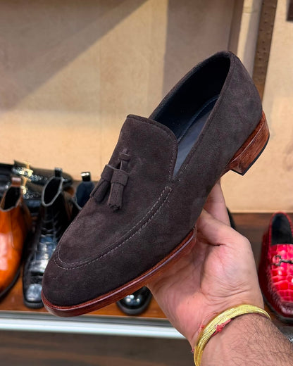 Italian Coffee Brown Suede Loafers With Tassels