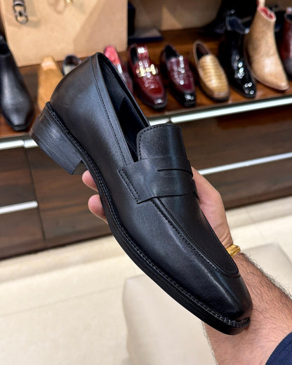 Black Calfskin Leather Penny Loafers