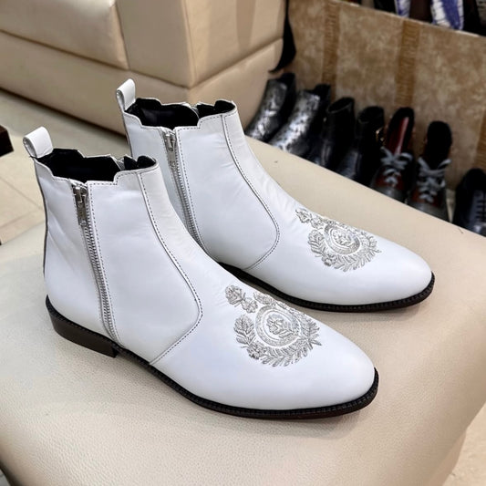 White Leather Hand-embroidered Zip Boots
