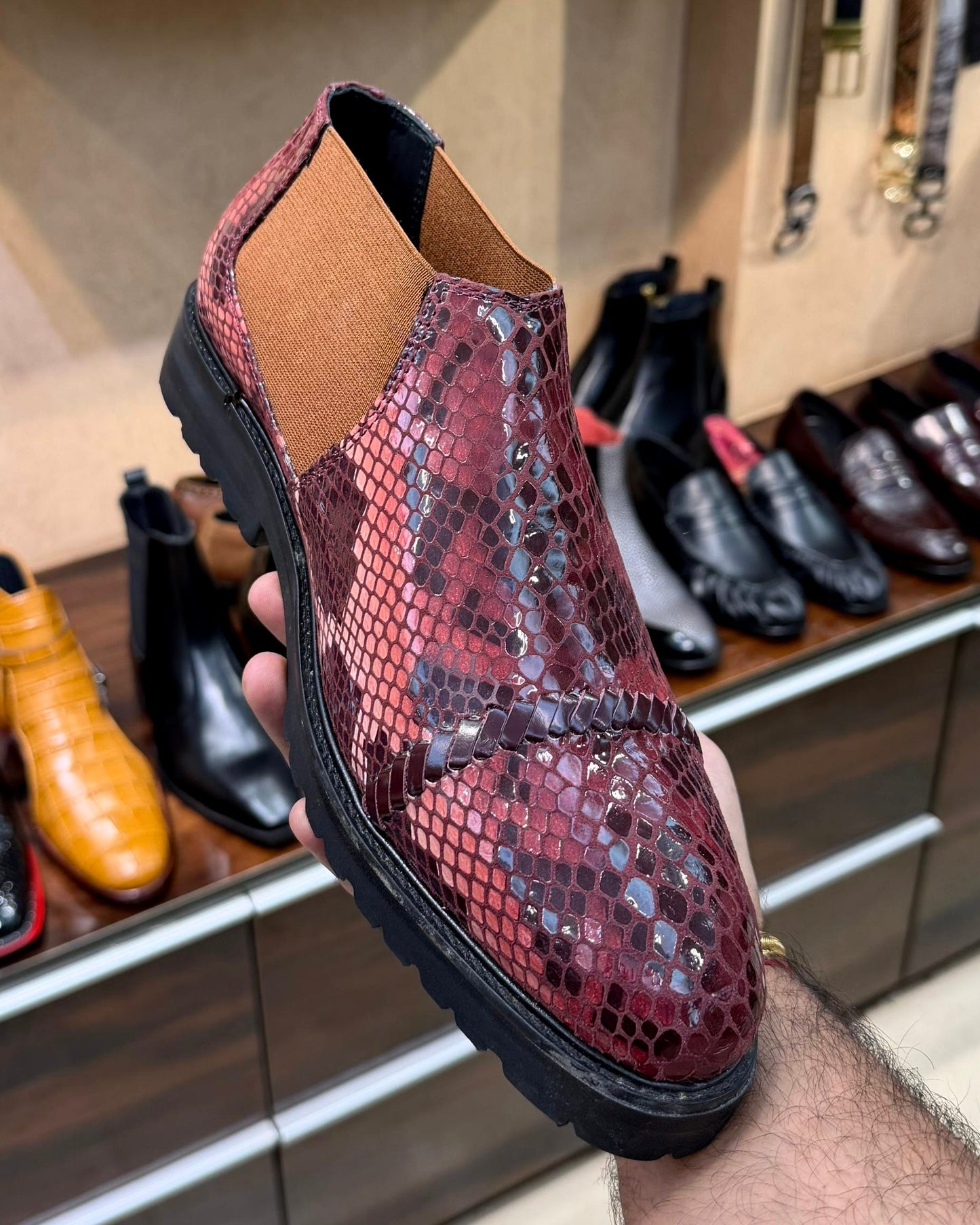Exotic Burgundy Snake Pattern Low-top Chelsea Boots with Lug Sole
