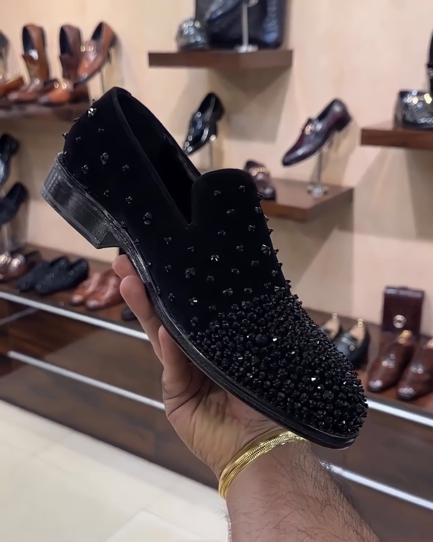 Black Suede Diamond Studded Moccasins