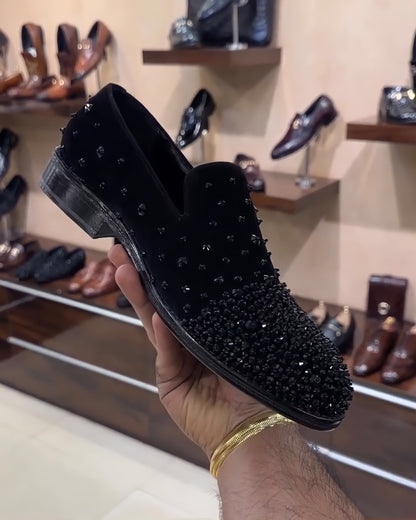 Black Suede Diamond Studded Moccasins