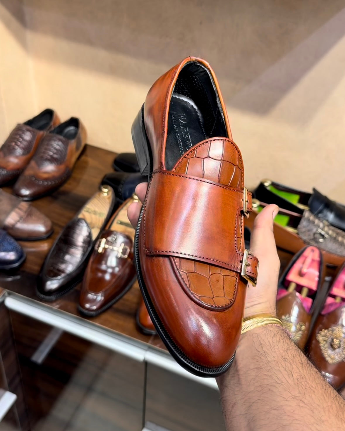 Tan Croco Patina Double Monk Loafers