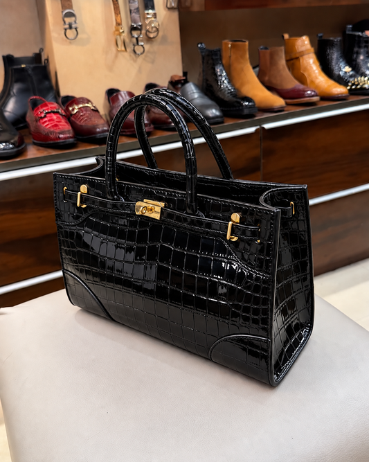 Black Patent Crocodile Scaled Top Handle Handbag