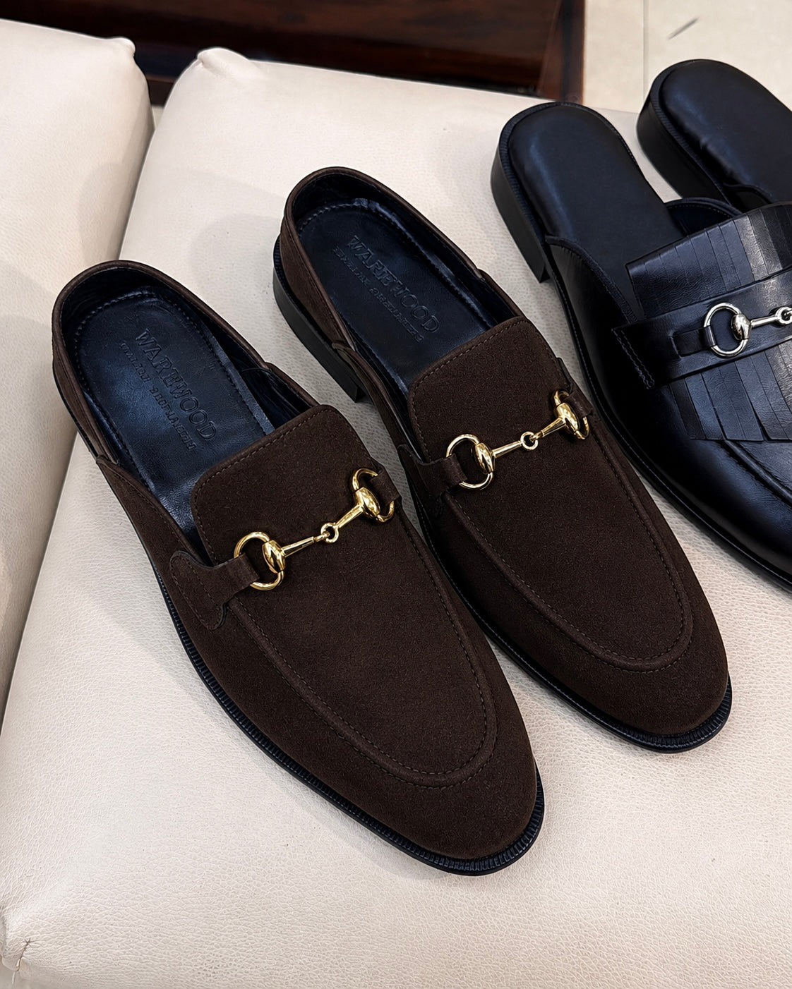 Dark Brown Suede Gold Horsebit Mules