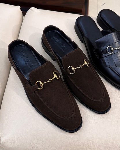Dark Brown Suede Gold Horsebit Mules
