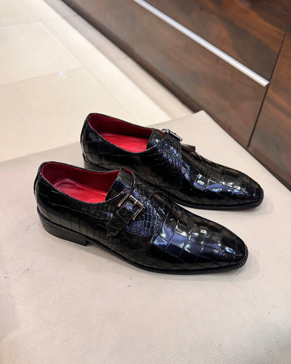 Black Crocodile Scaled Single Monks with Red Interior and Red Bottoms