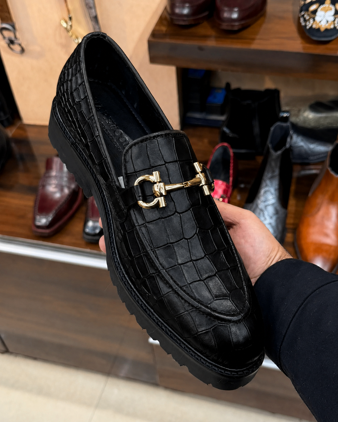 Black Deep-cut Crocodile Horsebit Loafers With Lug Sole
