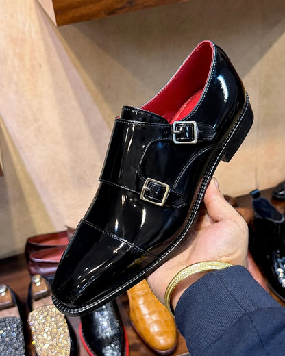 Black Patent Leather Double Monk Strap Shoes