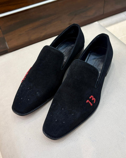 Black Suede Venetian Loafers with “AK 13” Initials