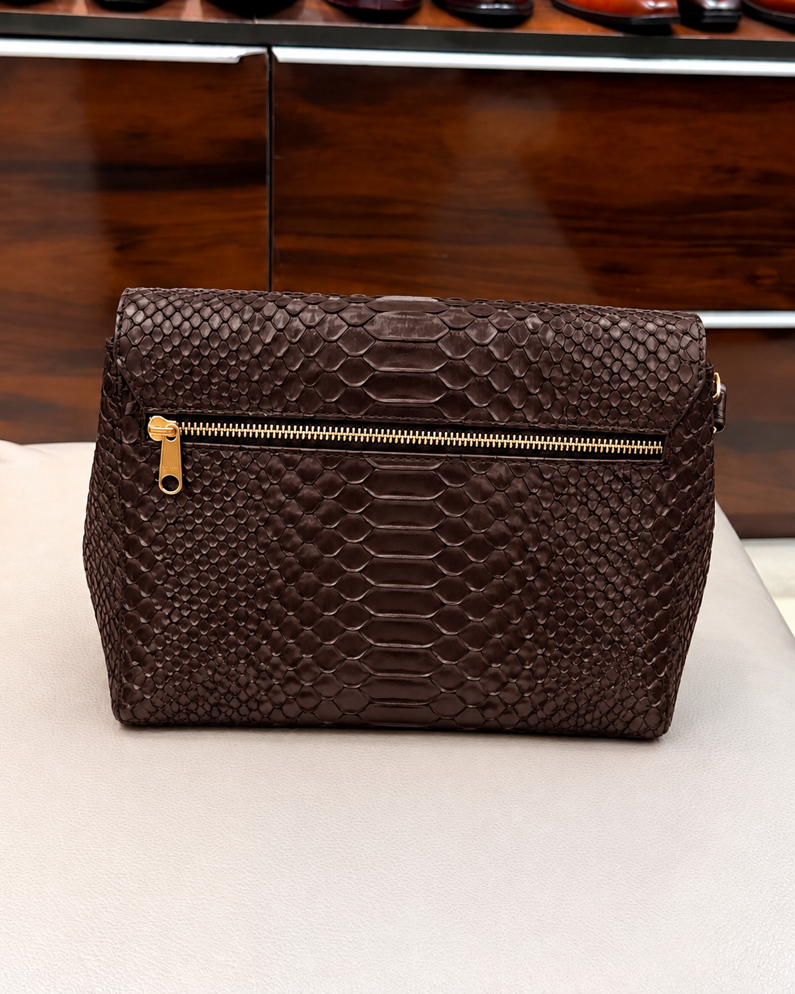 Dark Brown Cobra Scaled Cross Body Bag
