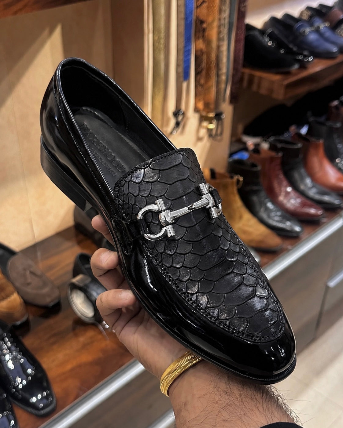 Black Patent Leather & Cobra Scaled Silver Horsebit Loafers