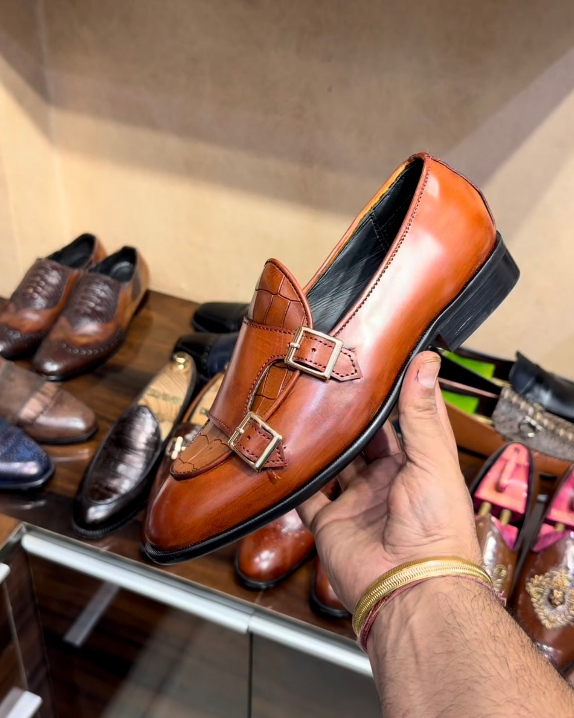 Tan Croco Patina Double Monk Loafers