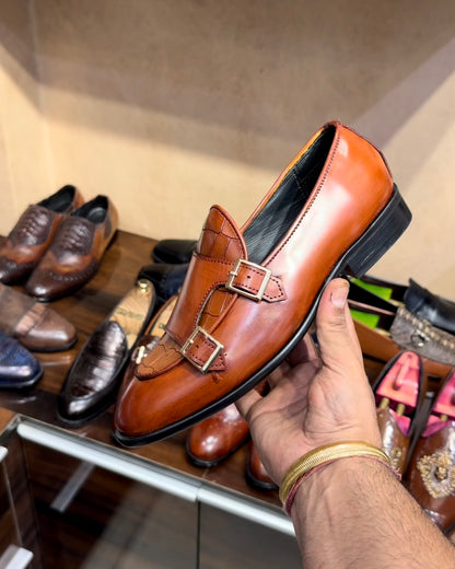 Tan Croco Patina Double Monk Loafers