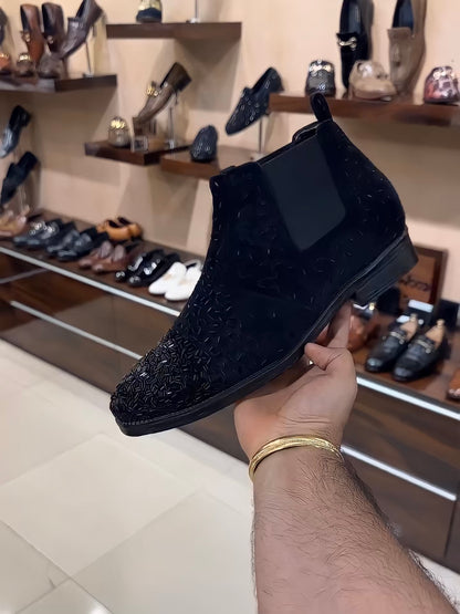 Pure Italian Black Suede Embroidery Chelsea Boots