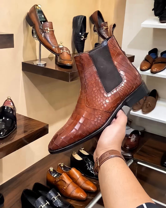 Tan Crocodile Scaled Chelsea Boots