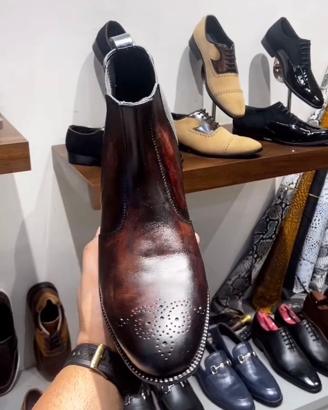 Burnished Brown Patina Italian Crust Leather Chelsea Boots