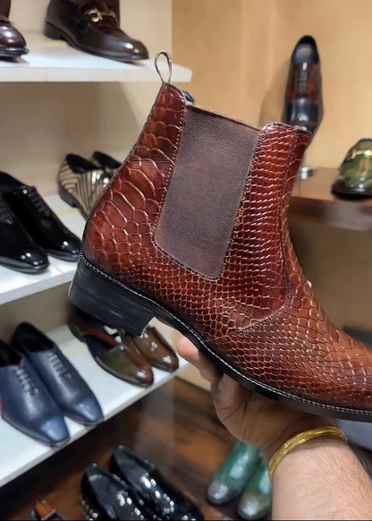 Dark Tan Cobra Scaled Chelsea Boots