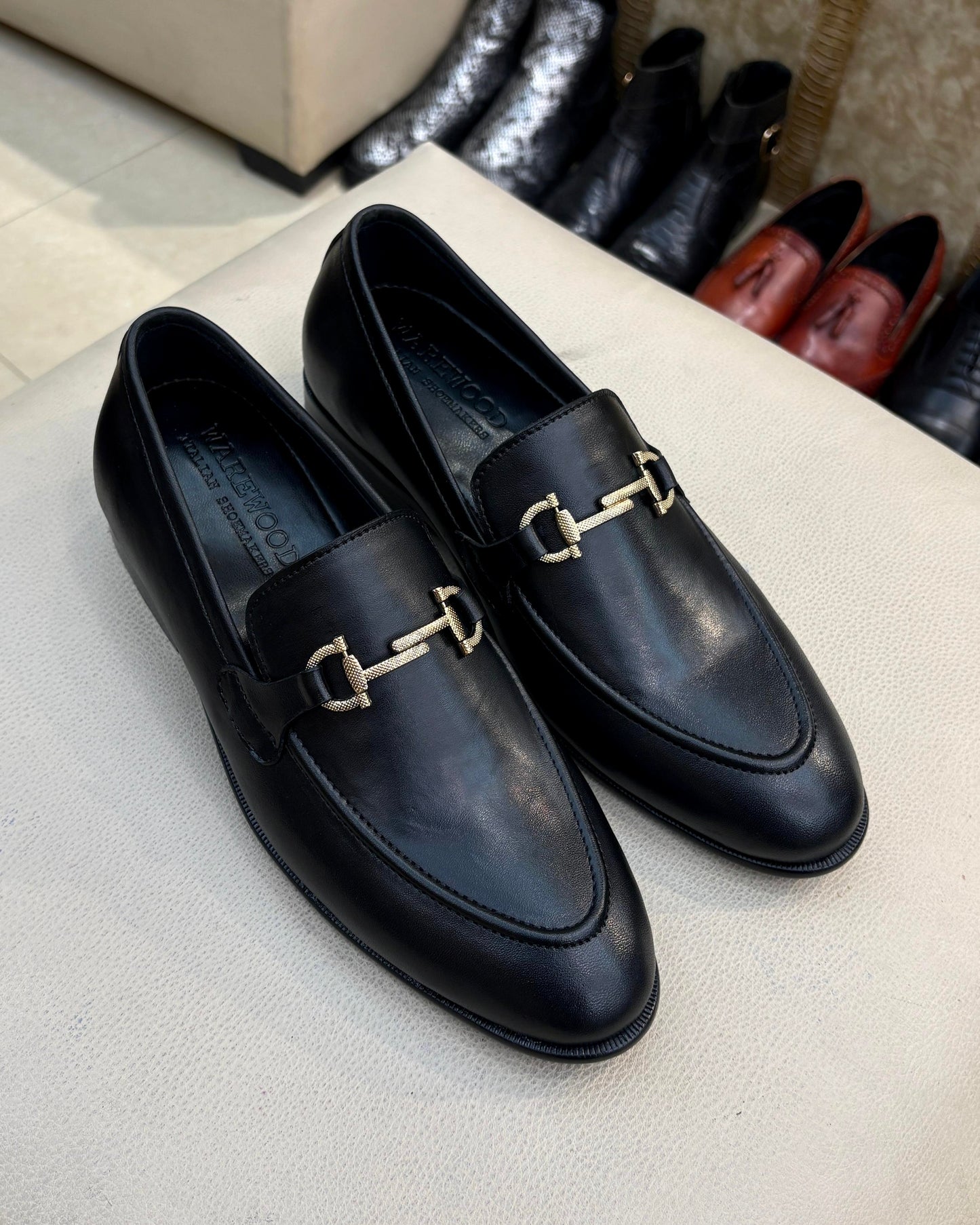 Black Gold Textured Horsebit Loafers in Calfskin Leather