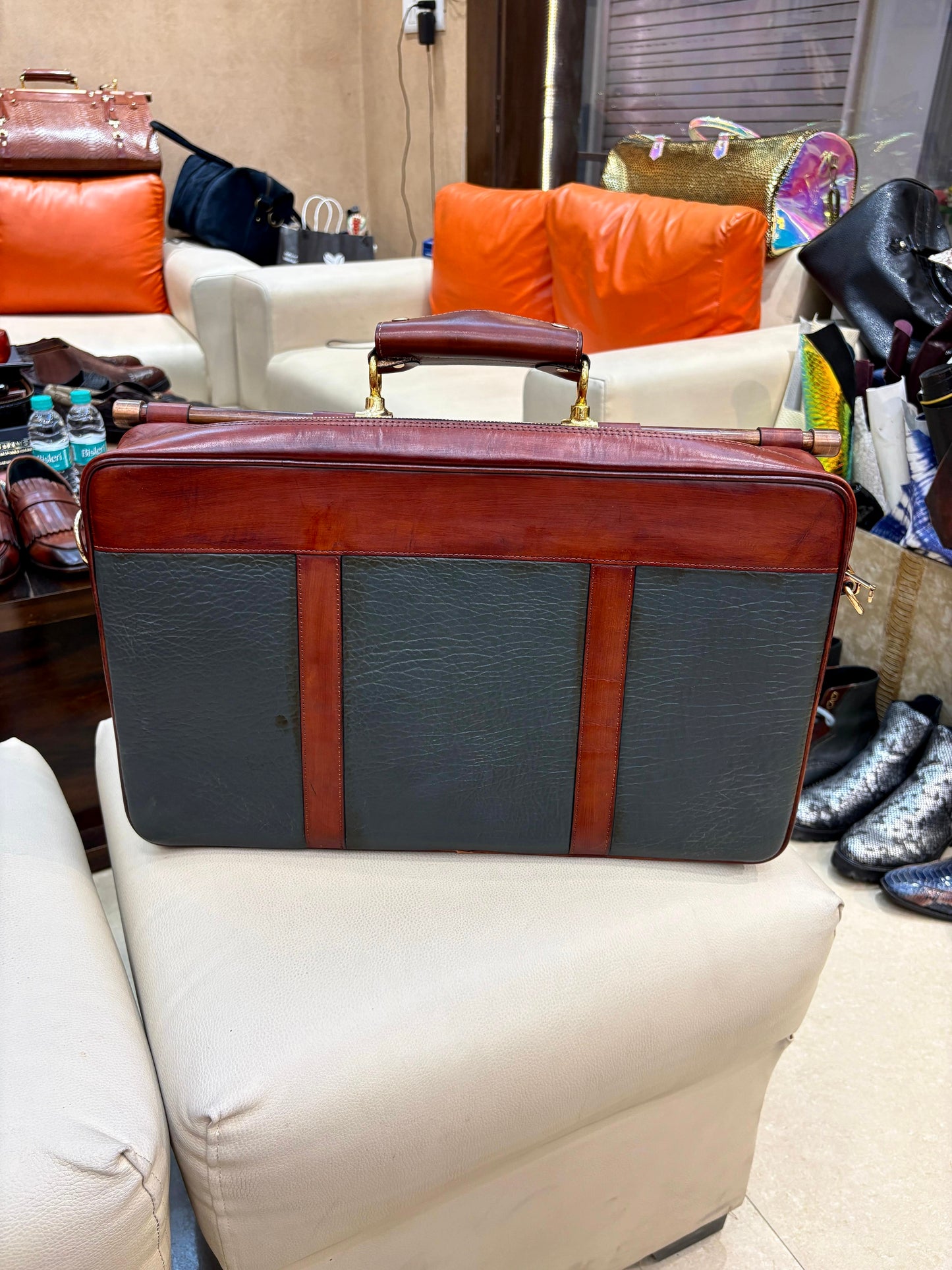 Tan & Olive Green Laptop Bag with Brass Fitting