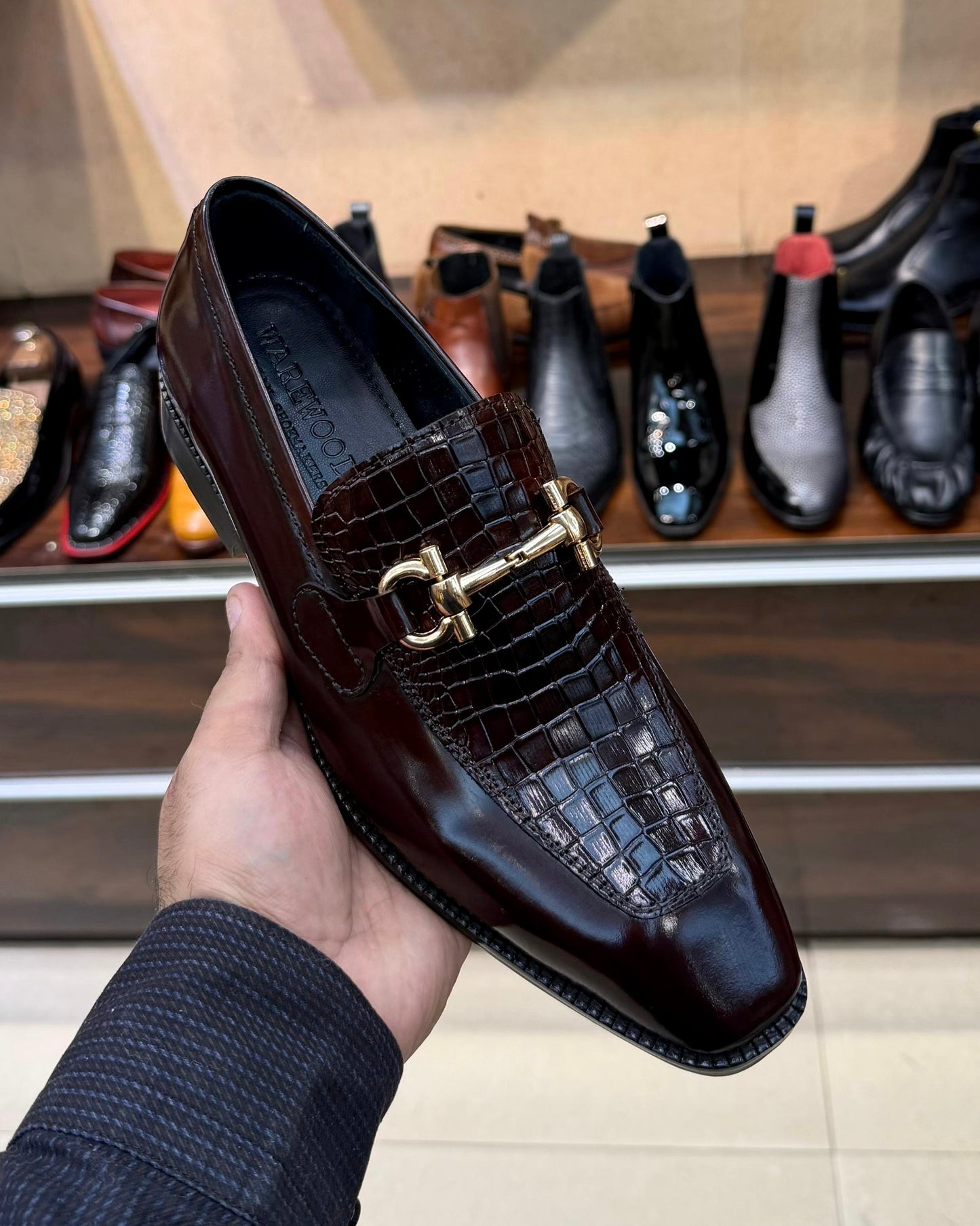 Espresso Brown Croco Gold Horsebit Loafers