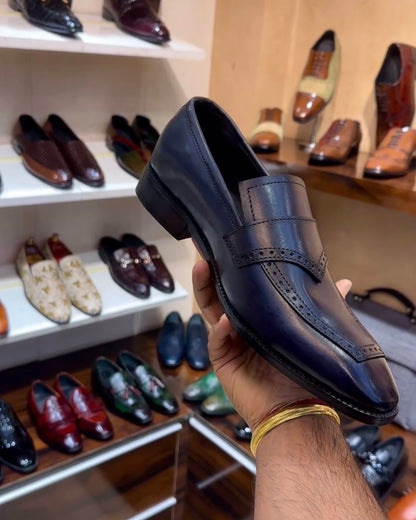 Dark Blue Patina Italian Crust Leather Moccasins