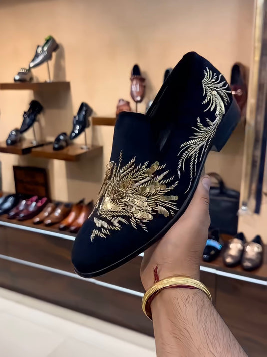 Gold Tiger Embroidery on Navy Suede Moccasins