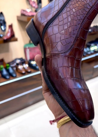 Burgundy Crocodile Scaled Zip Boots