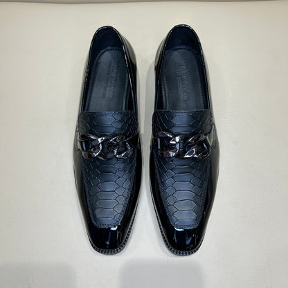 Black Patent Cobra Scaled Moccasins with Gunmetal Chain Buckle