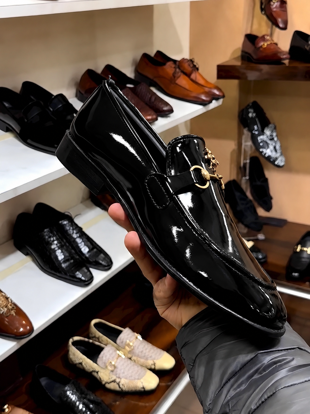 Black Smooth Calf Leather Gold Horsebit Loafers With Bee