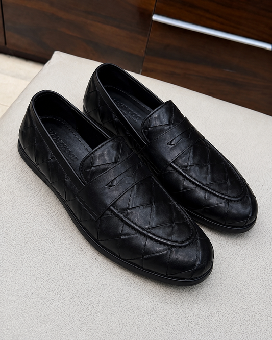 Black Woven Driving Penny Loafers