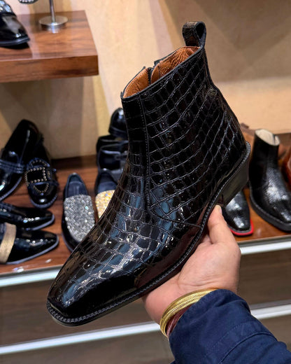 Black Patent Crocodile Scaled Zip Boots with Cuban Heel