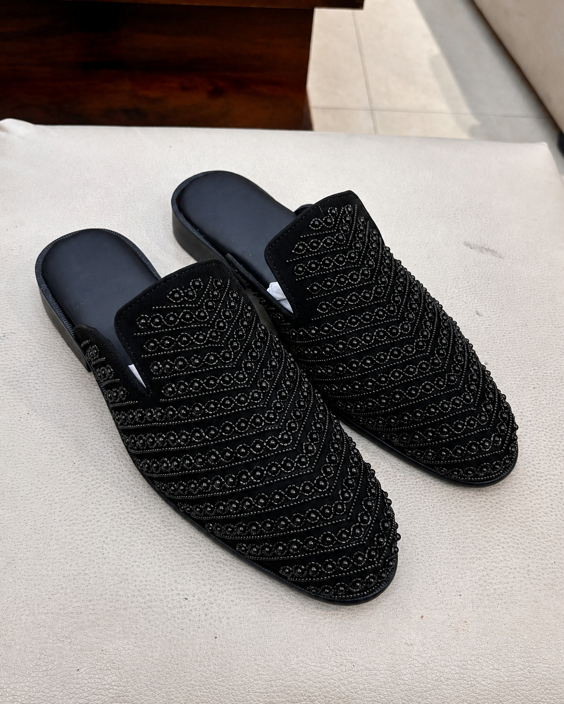 Black Suede Hand-embroidered Mules