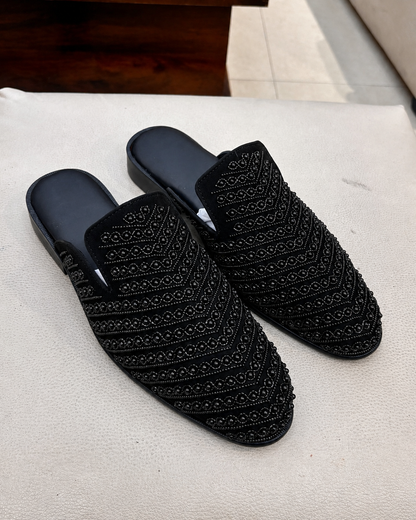 Black Suede Hand-embroidered Mules