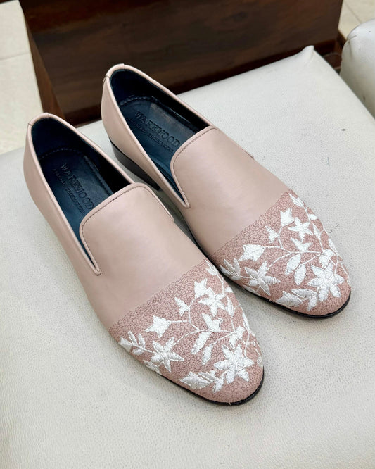 Nude Beige Embroidered Loafers