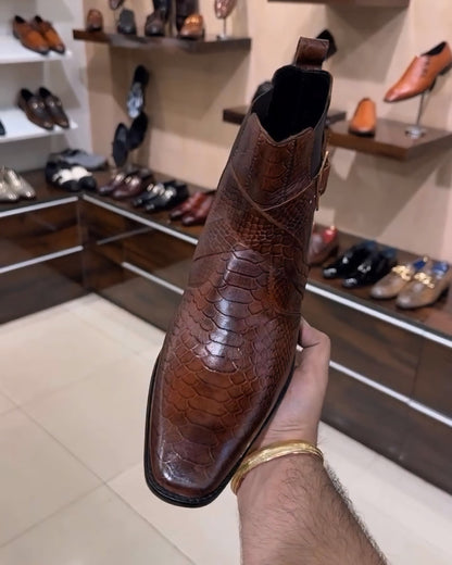 Burnished Cobra Scaled High-heel Chelsea Boots