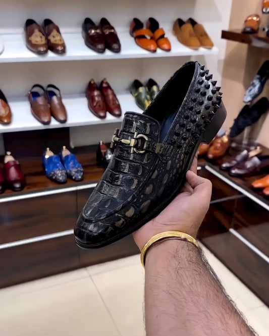 Alligator scaled studded moccasins