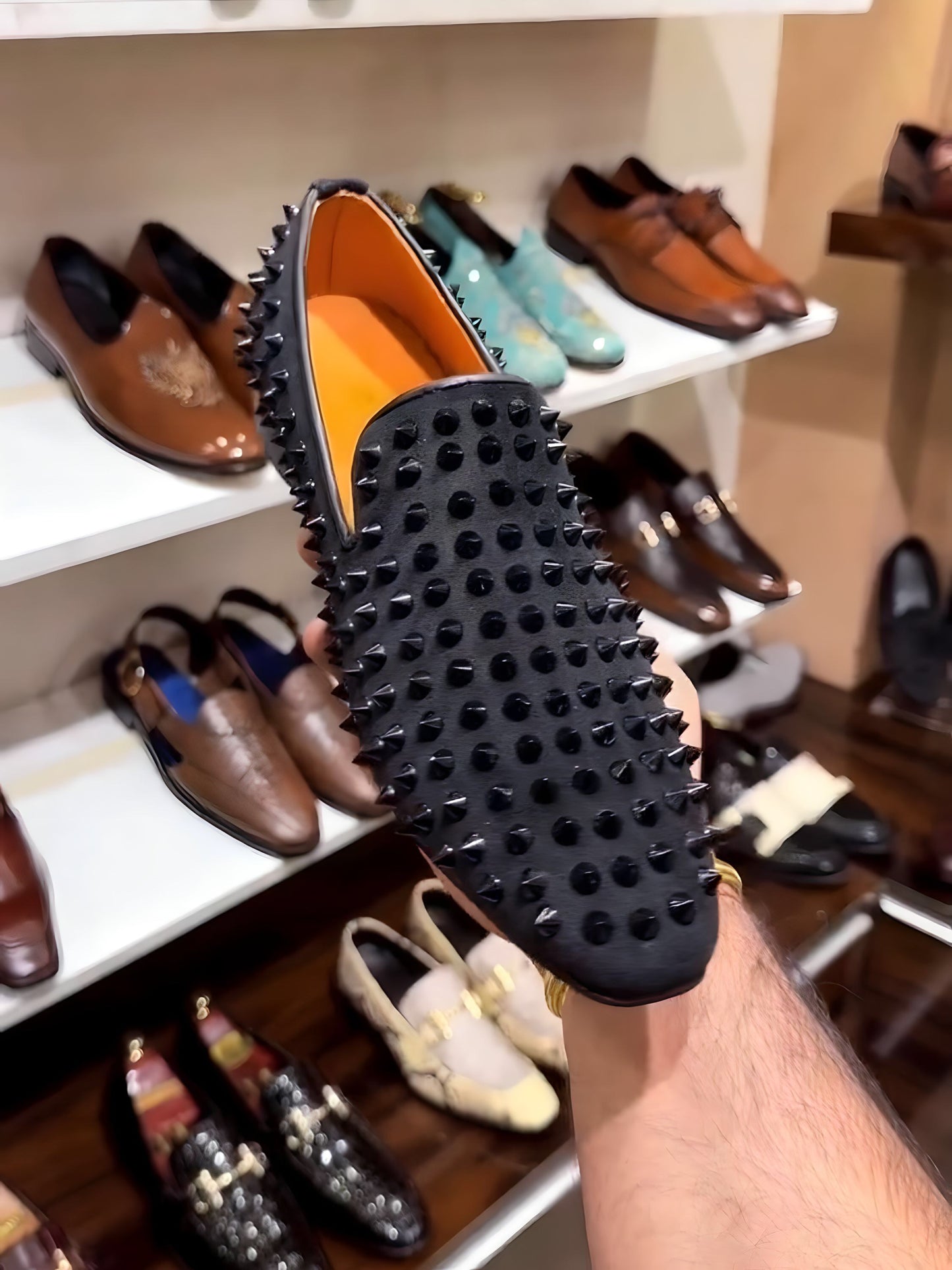 Black Studded Moccasins with Orange Interior and Red Bottoms