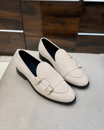 Beige Suede Double Monk Strap Loafers