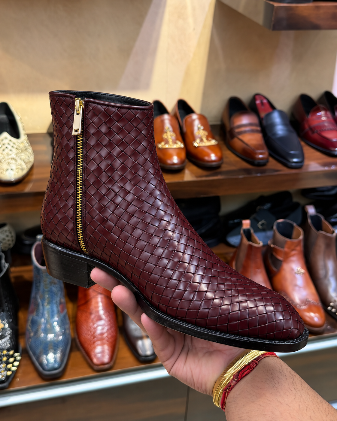 Burgundy Hand-woven Leather Zip Boots With Cuban Heel