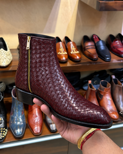 Burgundy Hand-woven Leather Zip Boots With Cuban Heel
