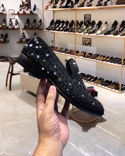 Black Velvet Studded Slip-ons