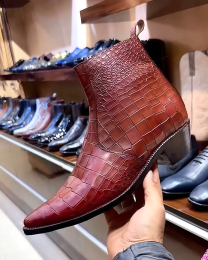 Italian Croc Cowboy Boots with Cuban Heel in Tan Shade