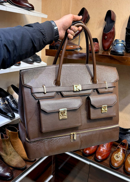 Brown Full Grain Pebble Leather Travel Bag with Bottom Shoe Compartment