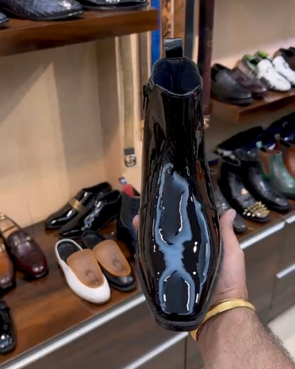 Black Patent Leather Cuban Heel Boots