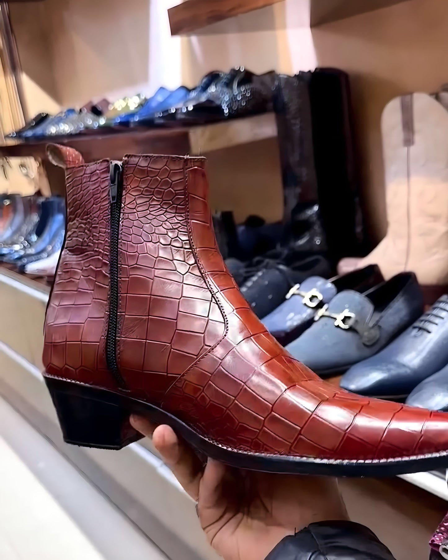 Italian Croc Cowboy Boots with Cuban Heel in Tan Shade